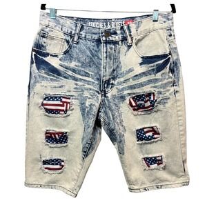 Stitches & Rivets Bleach Wash Denim Shorts American‎ Flag Patches Size 32 Jorts